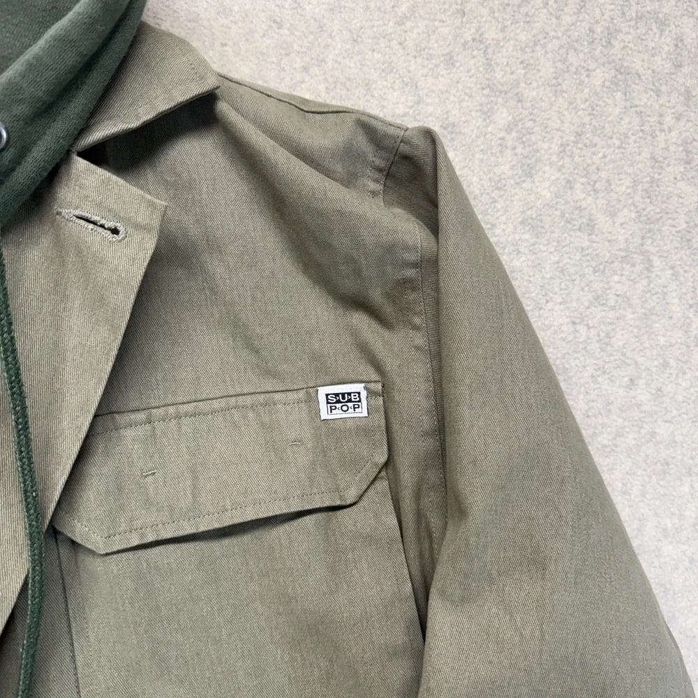 Vintage Sub Pop Records Mens Chore Jacket Olive Green Utility Workwear Size L - Picture 8 of 16